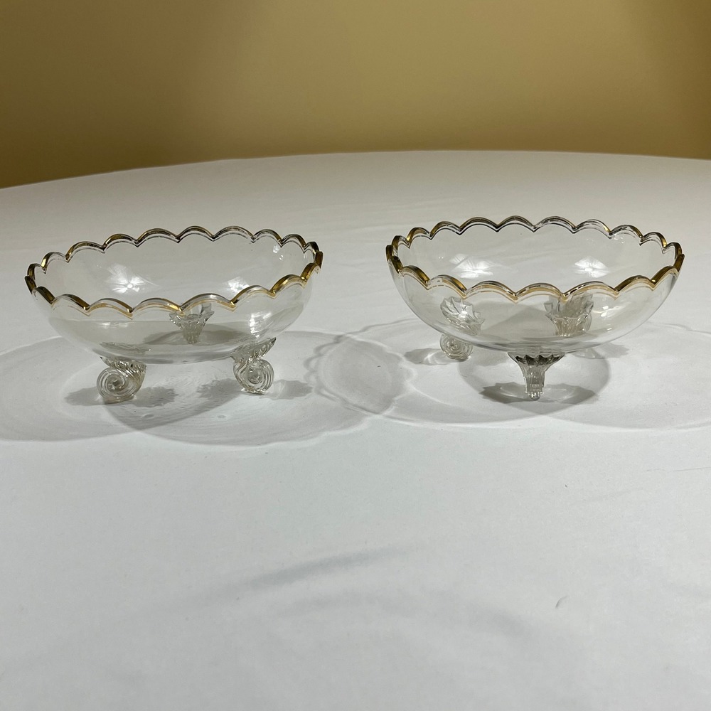 Two Glass Bowls 6in Clear Gold Trim Scalloped Tripod Feet Set of 2